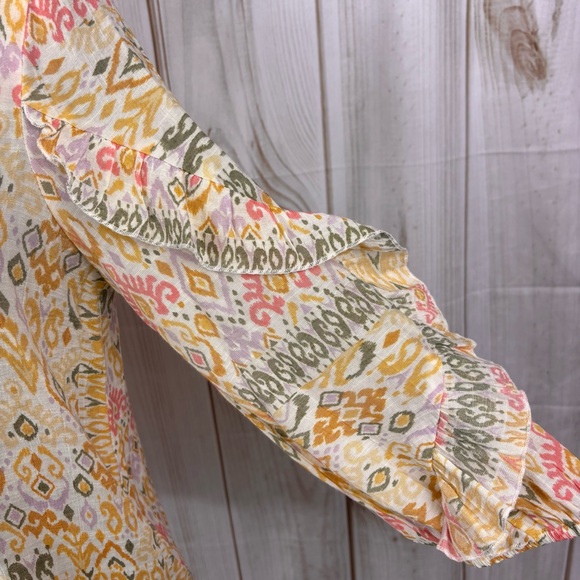 Boho Blouse 3/4 Ruffle Sleeve V-Neck Lightweight Sheer Multicolor Fall Top Sz PM - Picture 5 of 11